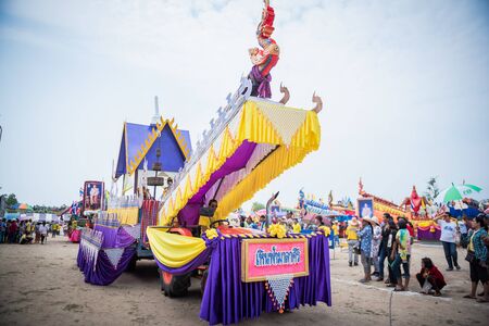 Nakhonsawan,Thailand -MAY 11,2019 : Many decorated car in procession of âBoon Bang Faiâ festival or traditional Rocket Festival.The celebration for plentiful rains during the rice plant seasonのeditorial素材