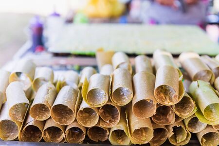 Thai style coconut biscuit rolls, Thai dessert, Thong muanの写真素材