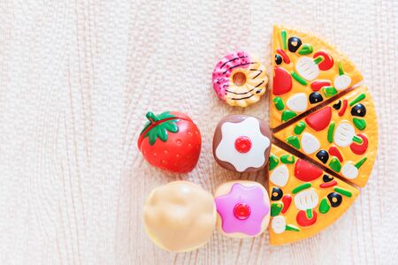 Table top view close up shoot of kid toys collection backgroundの写真素材