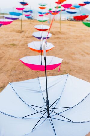 many colorful of umbrella decorated outdoor on Loykratong festival in Thailandの写真素材