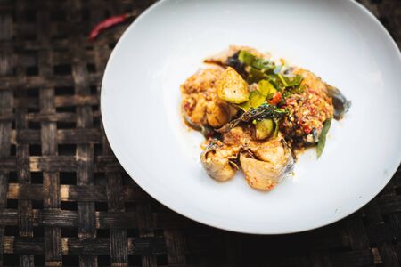 Stir Fried Spicy Catfish on plate, Local Thai Cuisineの写真素材