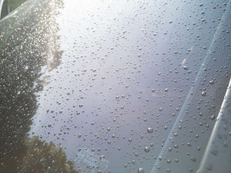 Rain drops on car window glasses surface with tree shadow on window glasses. Natural Pattern of raindrops.の写真素材