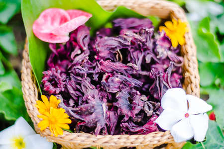 Heap of dried roselle flower on basket .の写真素材