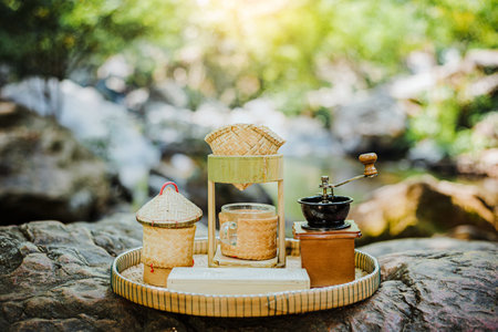 Small retro coffee drip set with natural backgroundの写真素材