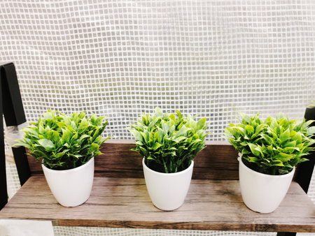 Blurry of Aritificial green  plants in white plastic pot backgroundの写真素材