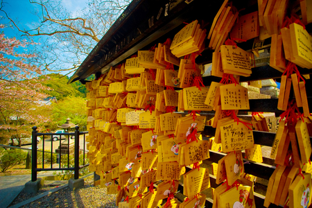 Tokyo, Japan - April 5, 2008: Ema board at Kiyomizu-Dera temple. Ema is a small wooden plaques (signs) on which Shinto worshippers write their prayers/blessings or wishes.のeditorial素材
