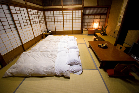 Beppu, Japan - April 4, 2008: Traditional Japanese style room (Ryokan) in Beppu, Japan.のeditorial素材
