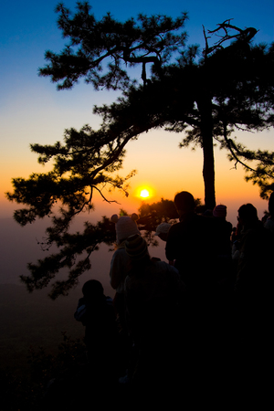 Silhouette sunset on the mountain at Phukradueng National Park, ThaiLand.の写真素材