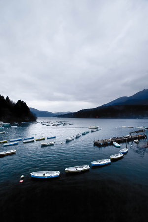 Many of fishing boats parked at Ashi lake, Hakone - Japan.