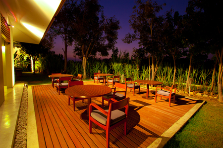HUA HIN, THAILAND - January 18, 2017: Outdoor seats of restaurant at AKA Resort & Spa at dusk.のeditorial素材