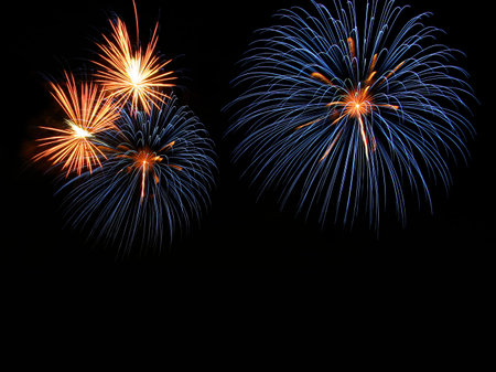 Abstract fireworks light up in the sky at night. Concept of celebration with copy space for text.