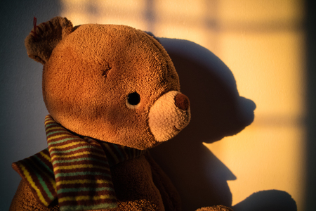 Teddy bear doll sitting beside the window with sunset light. Copy space.の写真素材