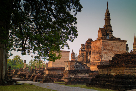 Ancient ruin temple and pagoda at Sukhothai Historical Parkの写真素材