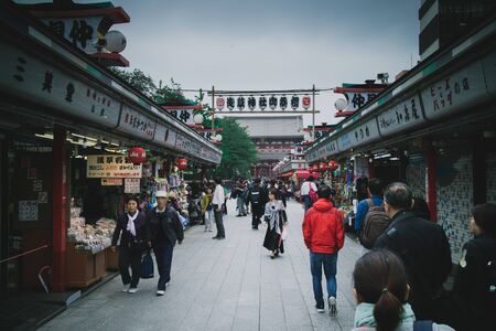 Asakusa, Japan - April 23, 2018: Nakamise shopping street at Sensoji temple.のeditorial素材