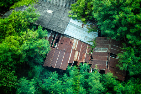 Top view of old abandoned house with rusted roof amoung the tree forest in Thailand.の写真素材