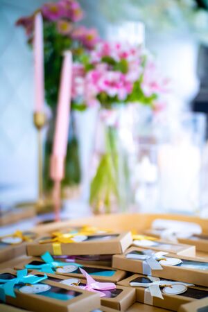 Many wedding gift boxes as a souvinir in the wedding party.の写真素材