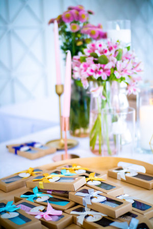 Many wedding gift boxes as a souvinir in the wedding party.の写真素材