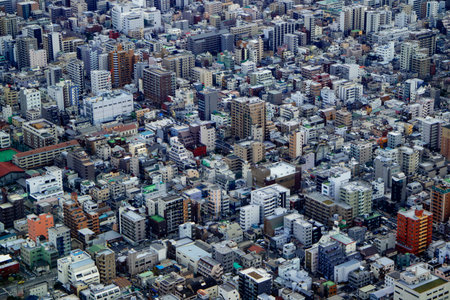 Tokyo / Japan - March 16, 2019: Landscape photo of Tokyo cityscape from aerial top view.