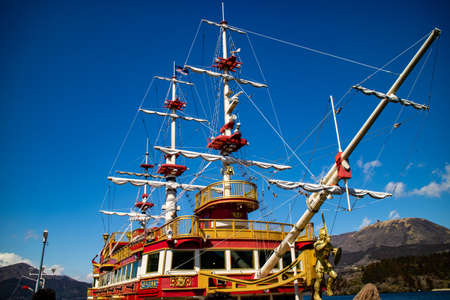 Hakone / Japan - March 14, 2019: The Pirate Ship of Hakone Sightseeing Cruise, famous attractions in the lake Ashi at Hokane, Japan.のeditorial素材