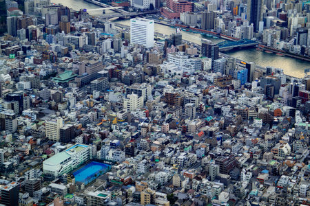 Tokyo / Japan - March 16, 2019: Landscape photo of Tokyo cityscape from aerial top view.のeditorial素材