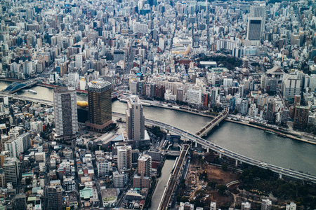 Tokyo / Japan - March 16, 2019: Landscape photo of Tokyo cityscape from aerial top view.のeditorial素材