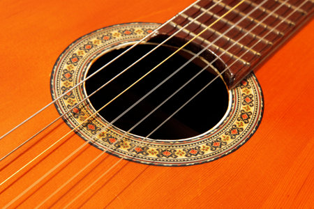 Wooden guitar close up. Musical instrument image
