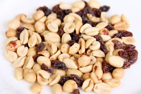 Background of peanuts with raisins, Close upの写真素材
