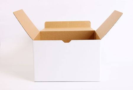 Open cardboard box on white background. Empty imageの写真素材