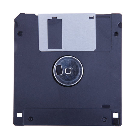 Black and old computer diskette over white background. Old technology