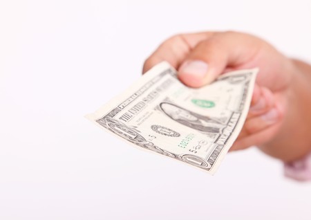 Man's hand giving a dollar. Front Viewの写真素材