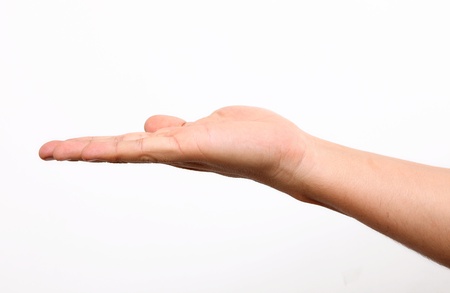 Hand holding to insert text or design over white backgroundの写真素材