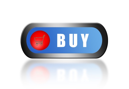 Blue and red buy button with chrome trim over white backgroundの写真素材