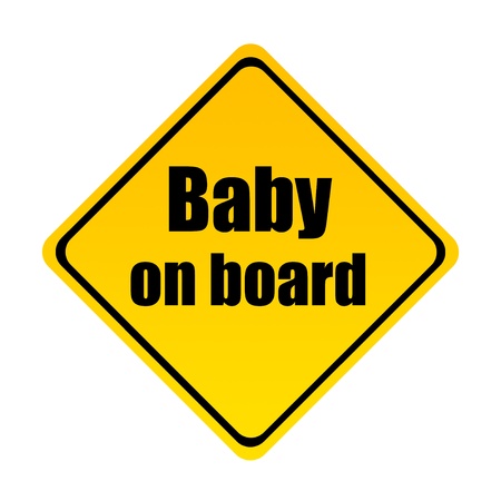 Road sign indicating baby on board over white backgroundの写真素材