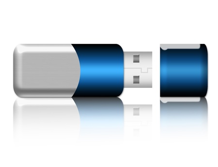 silver and blue usb memory with reflection over white backgroundの写真素材