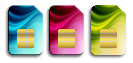 Blue, purple and green sim cards over white background