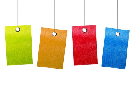 Green, orange, red and blue hanging labels. Empty to insert text or designの写真素材