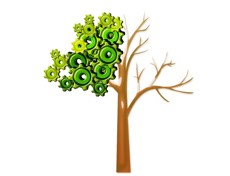 green and brown gears tree concept isolated over white background の写真素材
