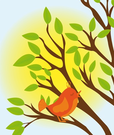 green and brown tree with orange bird over sky with sun backgroundのイラスト素材
