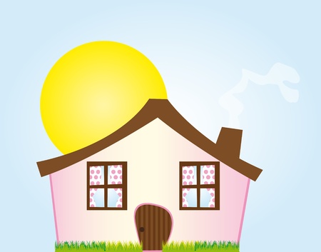 pink cartoon house with grass over sky with sun background. vectorのイラスト素材