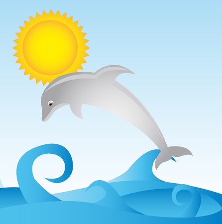 gray dolphin with sea and sun over sky background. vectorのイラスト素材