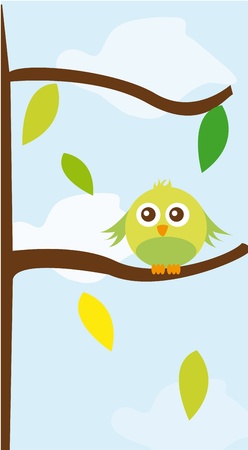 cute bird over tree with leaves over sky background. vectorのイラスト素材