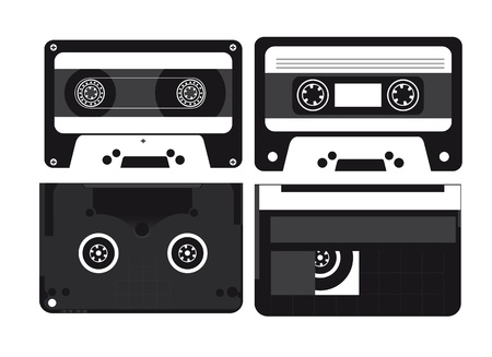 Audio and video cassettes on white background, silhouettes illustrationのイラスト素材
