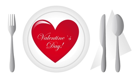 Heart on dish with cutlery, valentines day illustrationのイラスト素材