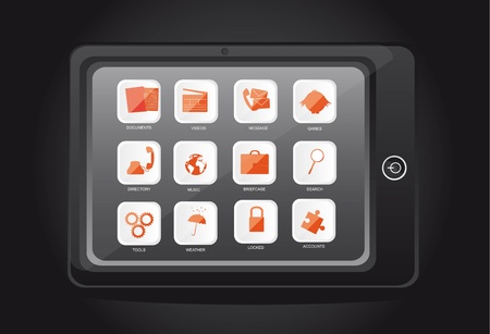 table computer with icons over black background. のイラスト素材