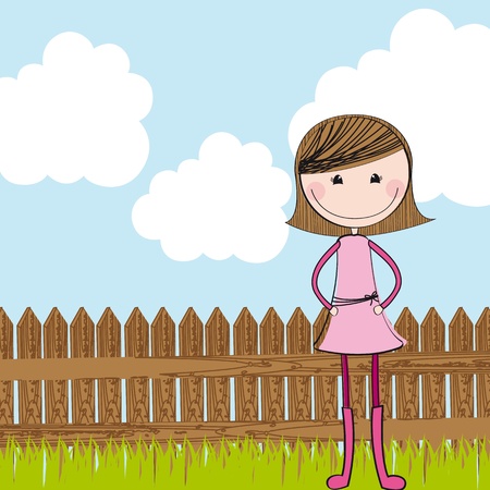 cute girl with wooden fence over landscape. のイラスト素材