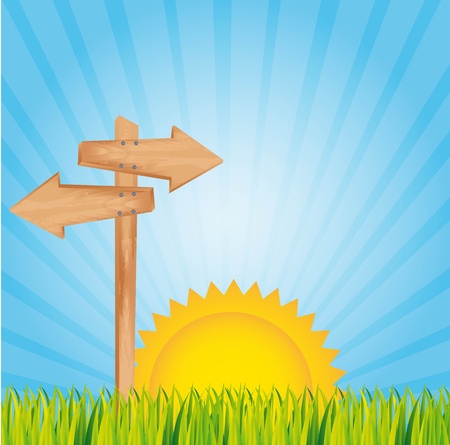 summer landscape with wooden sign. illustrationのイラスト素材