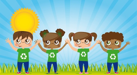 Ecological children with recycling symbols, illustrationのイラスト素材