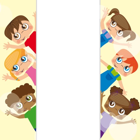 Girls and boys behind white billboard, Illustrationのイラスト素材