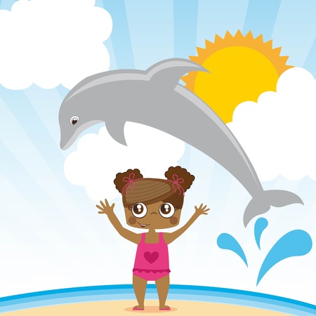 dolphin jumping a girl, summer ilustration, Illustrationのイラスト素材