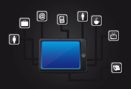 Technology icons around the tablet, Illustrationのイラスト素材